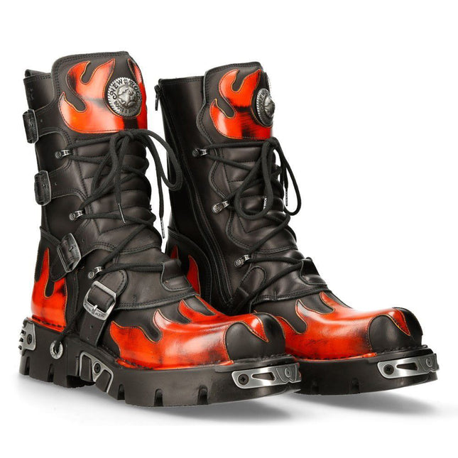 New Rock Flame Accented Black/Red Leather Boots - 591-S1