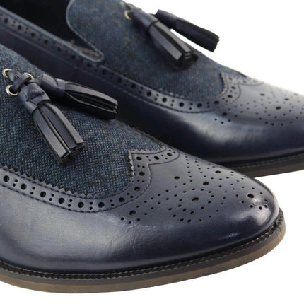 Mens Tasselled Navy Leather Tweed Brogue Slip On Loafers