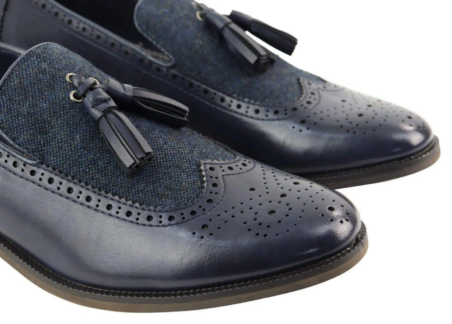 Mens Tasselled Navy Leather Tweed Brogue Slip On Loafers