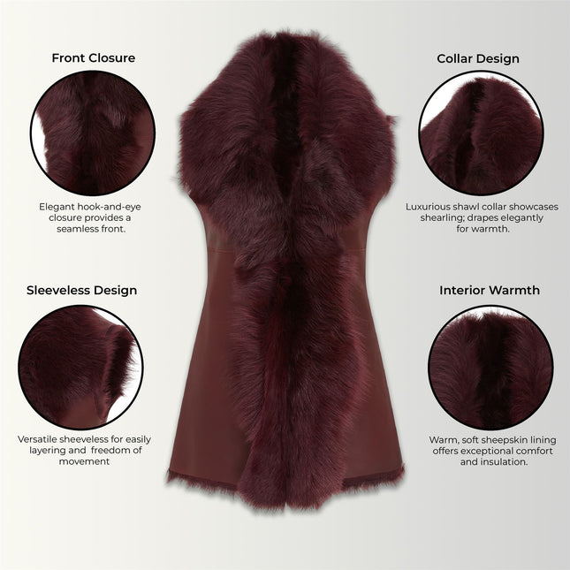 Women's Burgundy Red Toscana Shearling Nappa Leather Sheepskin Gilet - Parkes