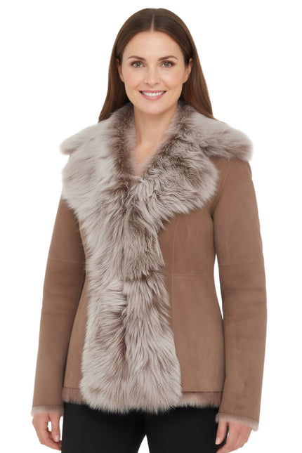 Women's Taupe Sheepskin Toscana Shearling Suede Leather Jacket - Noiré