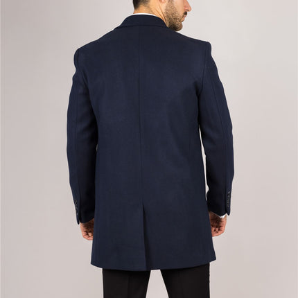 Men's Notched Lapel Collar Wool Blend Navy Overcoat