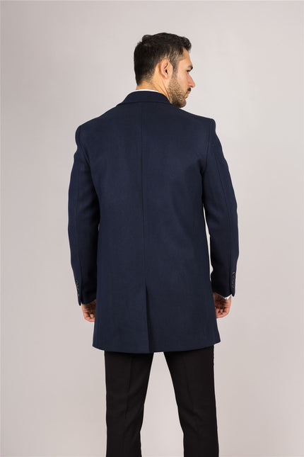 Men's Notched Lapel Collar Wool Blend Navy Overcoat