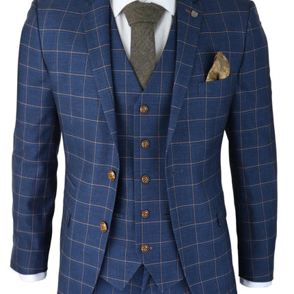 Mens 3 Piece Suit Blue Gold Check Peaky Blinders 1920 Gatsby Smart Vintage Suit