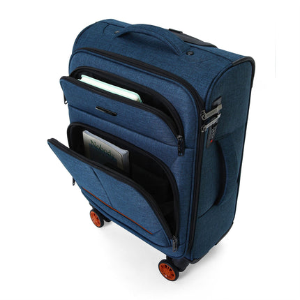 Soft Shell Blue Linen Suitcase Set 8 Wheel Lightweight Travel Luggage