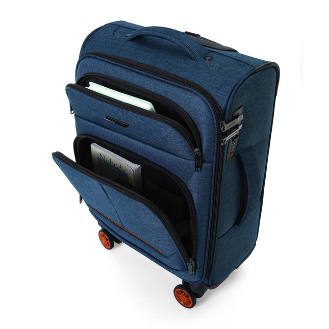 Soft Shell Blue Linen Suitcase Set 8 Wheel Lightweight Travel Luggage