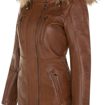 Womens Slim Fit Leather Hooded Parka Jacket-Northam