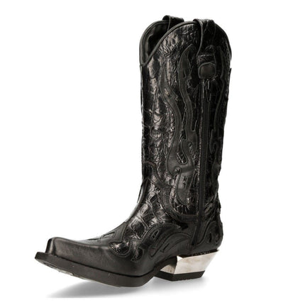 New Rock Flame Accented Black Leather Biker Cowboy Boots- M-7921-S1