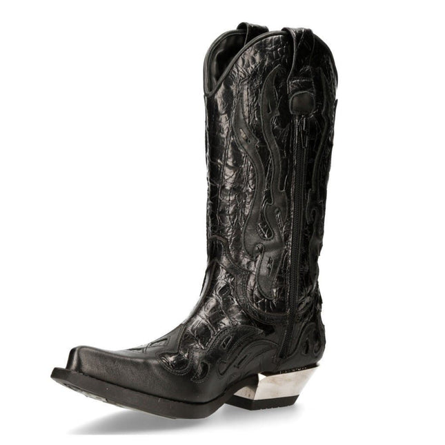New Rock Flame Accented Black Leather Biker Cowboy Boots- M-7921-S1