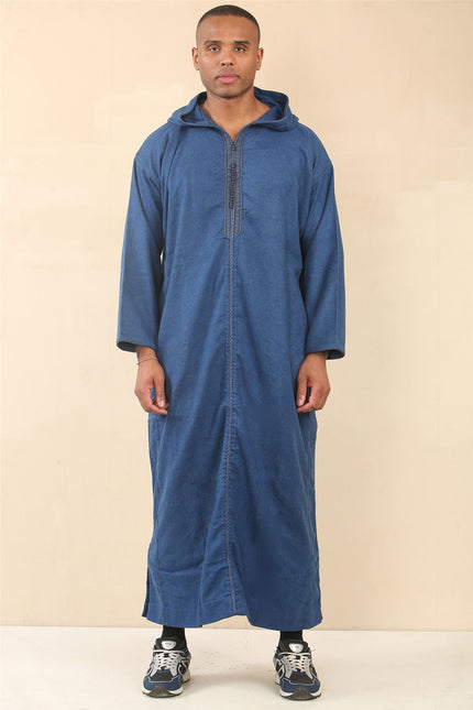 Men's Blue Hooded Moroccan Thobe Djellaba Jubba Robe Eid