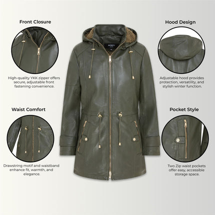 Women's Green Leather Parka Detachable Borg Hooded Trench Coat - Trekker
