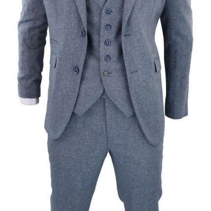 Mens 3 Piece Light Blue Tweed Tailored Fit Retro Classic Suit
