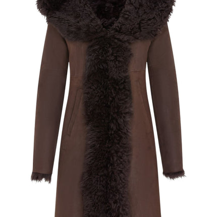 Womens Brown Toscana Sheepskin Leather Hooded Trench Coat - Coast