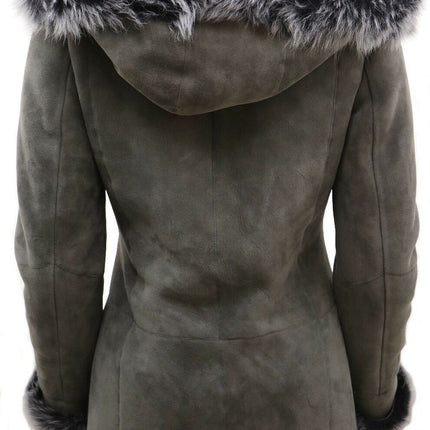 Womens Grey Suede Hooded Merino Sheepskin Coat-Monrovia