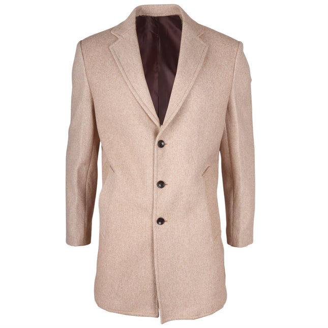 Men's Notched Lapel Collar Wool Blend Beige Overcoat