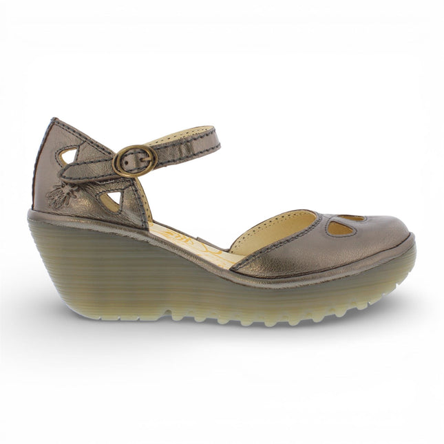 Fly London Women's Yuna Bronze Brown Leather Wedge Sandals