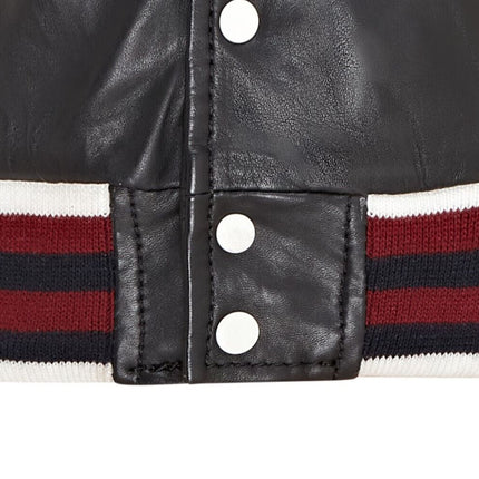 Kids Black Letterman Leather Varsity College Bomber Jacket