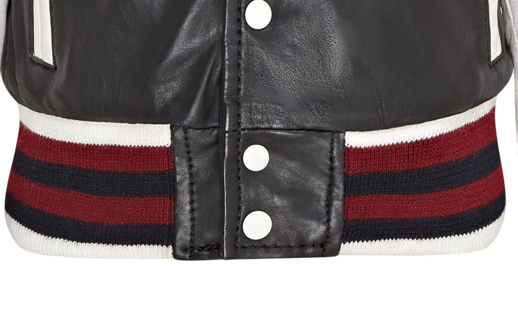Kids Black Letterman Leather Varsity College Bomber Jacket