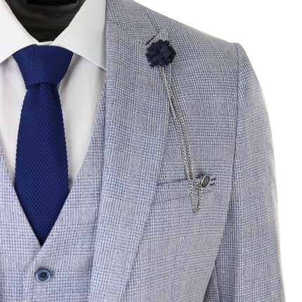 Mens 3 Piece Tweed Suit Light Blue Check Peaky Blinders 1920 Gatsby Wedding Suit