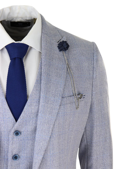 Mens 3 Piece Tweed Suit Light Blue Check Peaky Blinders 1920 Gatsby Wedding Suit
