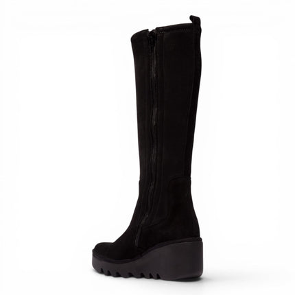 Fly London Womens Black Suede Leather High Wedge Heel Long Boots - BUDI603