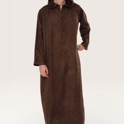 Men's Hooded Eid Brown Moroccan Jubba Robe Ramadan Eid Thobe - HM12