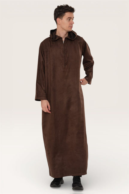 Men's Hooded Eid Brown Moroccan Jubba Robe Ramadan Eid Thobe - HM12