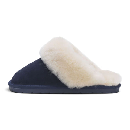 Women's Genuine Sheepskin Navy Blue Suede Mule Winter Slippers - Luna