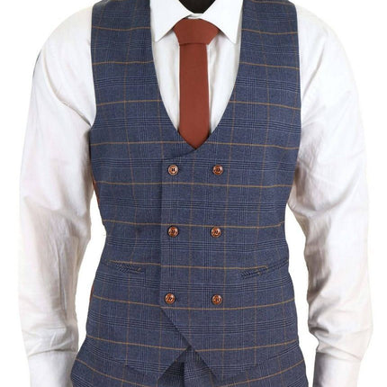 Mens 3 Piece Navy Blue Retro Check Vintage Classic Suit