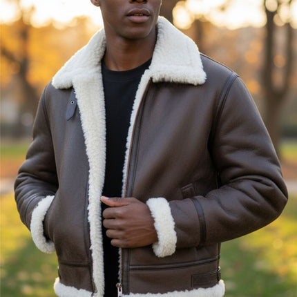 Mens Creck Brown Warm Sheepskin Aviator Zip-Up Flight Jacket-Harrogate