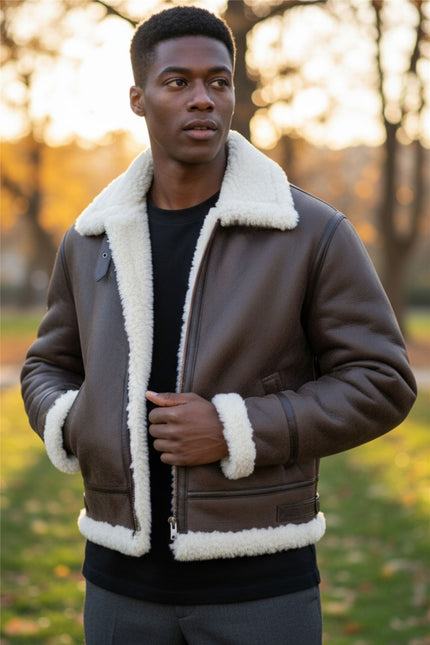 Mens Creck Brown Warm Sheepskin Aviator Zip-Up Flight Jacket-Harrogate