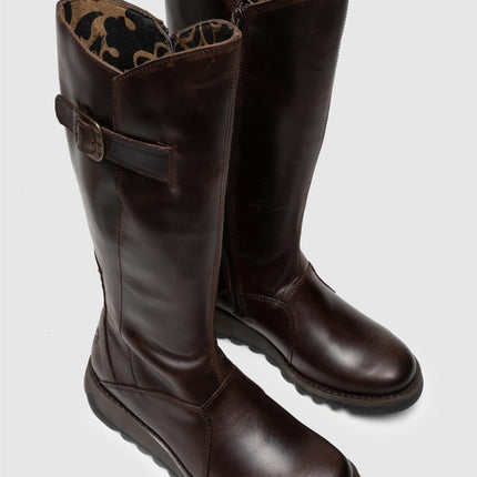 Fly London Womens Brown Mol 2 Leather Wedge Heel Knee High Zip Up Boots