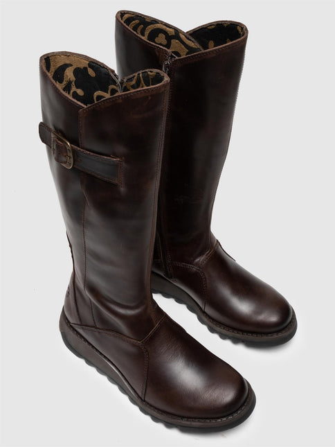 Fly London Womens Brown Mol 2 Leather Wedge Heel Knee High Zip Up Boots