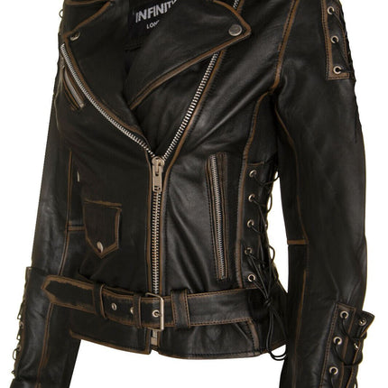 Womens Brando Black Leather Biker Jacket-Bari