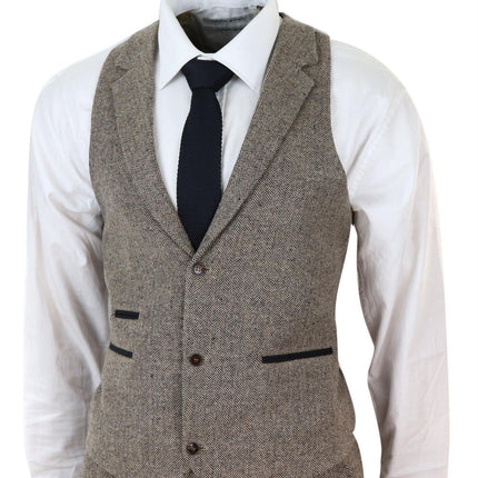 Mens Oak Brown 3 Piece Tweed Suit Vintage Harringbone 1920s Retro Peaky Blinders