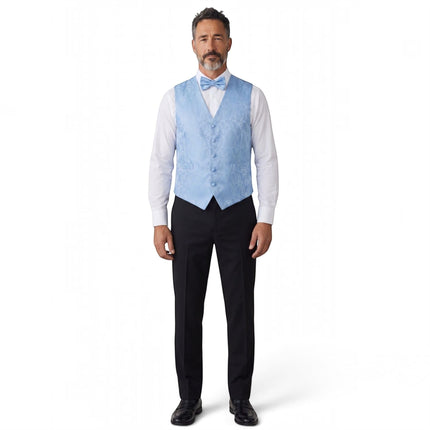 Men's Sky Blue Paisley Floral 3 Piece Waistcoat Bow Tie Hankie Set - Robert