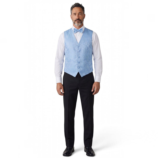 Men's Sky Blue Paisley Floral 3 Piece Waistcoat Bow Tie Hankie Set - Robert
