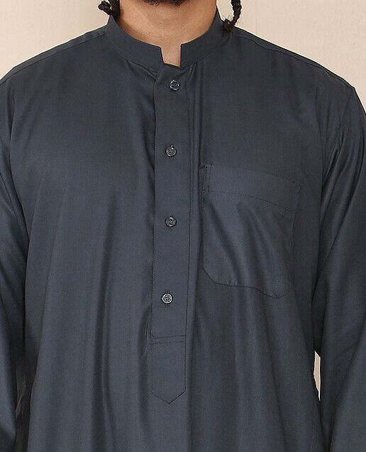 Mens Grey Thobe Jubba Saudi Islamic Arabic Eid Cotton Kaftan Jubbah Umrah Robe