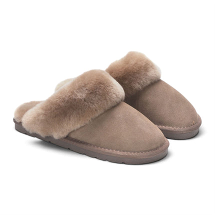 Women's Genuine Sheepskin Taupe Suede Mule Winter Slippers - Luna