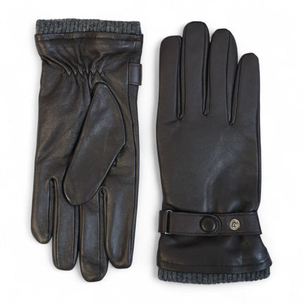 Men's Brown Italian Leather Warm Wool Lining Winter Knit Rib Gloves - M-LGV-105