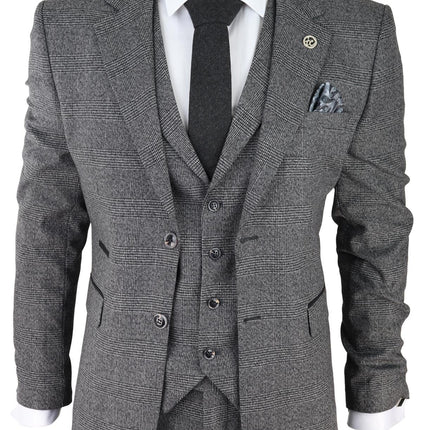 Mens Grey 3 Piece Suit Prince of Wales Check Classic Tailored Fit Wedding Suit