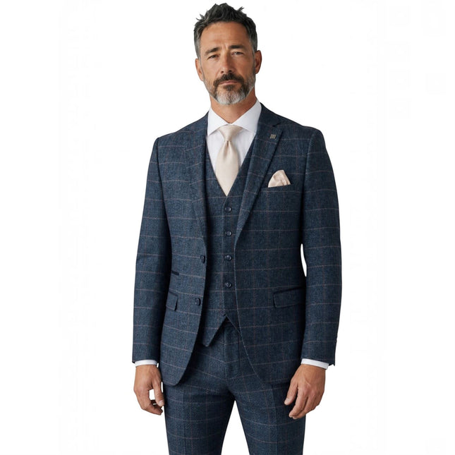 Men's Navy 3 Piece Wool Blend Tweed Suit - Harris