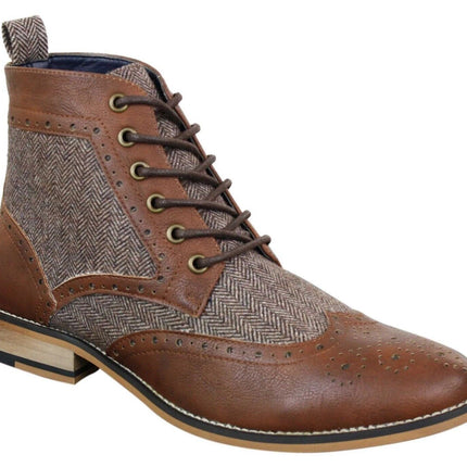 Mens Classic Tweed Oxford Ankle Boots In Brown Leather