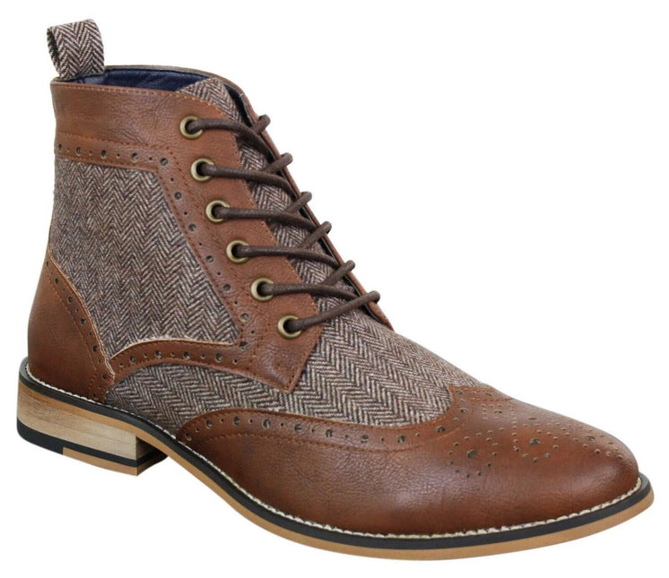 Mens Classic Tweed Oxford Ankle Boots In Brown Leather
