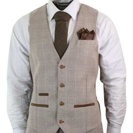 Mens 3 Piece Beige Tweed Check Vintage Retro Suit
