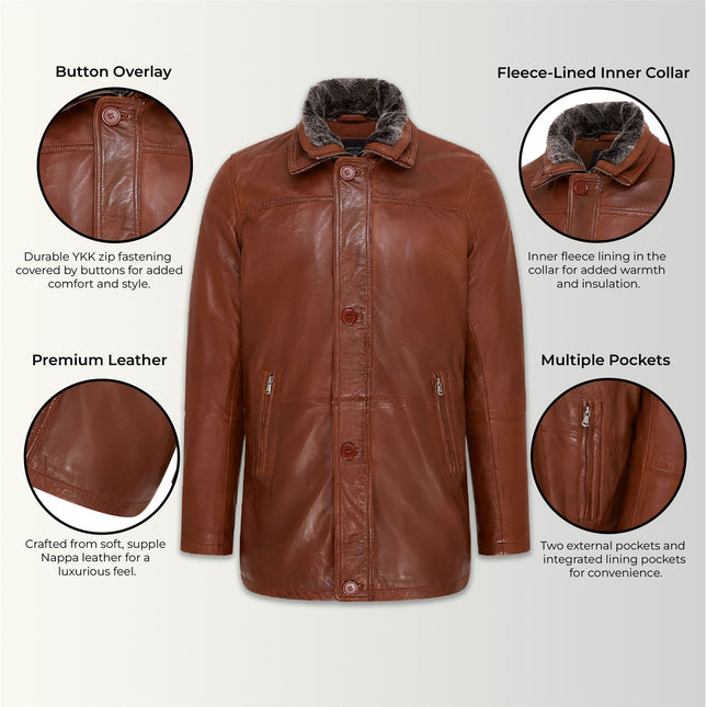 Mens Leather Jacket Classic Trench Coat with Removable Collar Mid Length Warm Overcoat