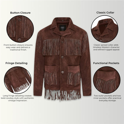 Men's Retro Brown Cowboy Suede Leather Fringe Jacket - Western