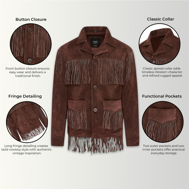 Men's Retro Brown Cowboy Suede Leather Fringe Jacket - Western