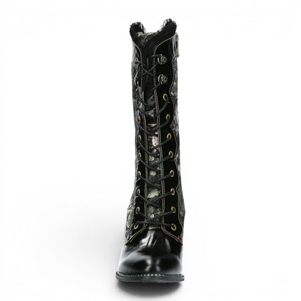 Laura Vita Floral Womens Goth Victorian Black Leather Heeled High Boots - Alcbane-351