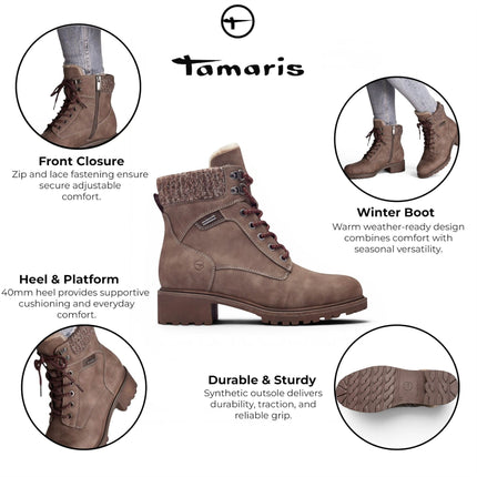 Tamaris Women’s Taupe Warm Lace-Up Winter Outdoor Ankle Boots - 26266-43